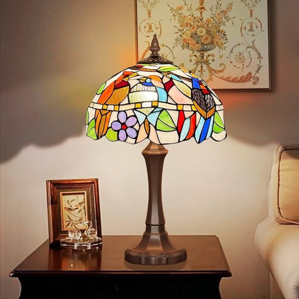 Tiffany Style Lamp Handmade Stained Glass Table Lamp Cardinal Birds Style 20"